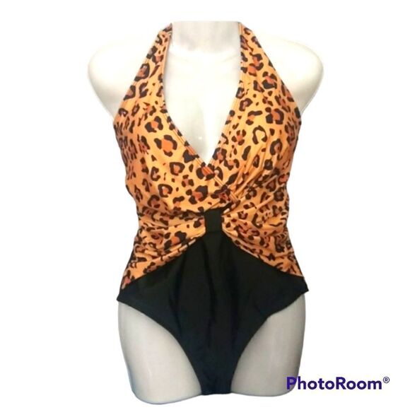 Leopard print halter style one piece swimsuit - Picture 1 of 9
